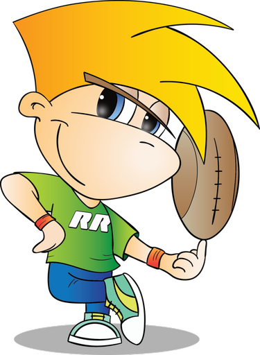 cartoon boy character spinning a rugby ball